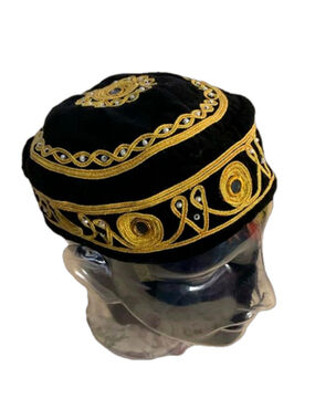 Black Velvet Fez style Hat with Gold Mirrors & Beads Decor
